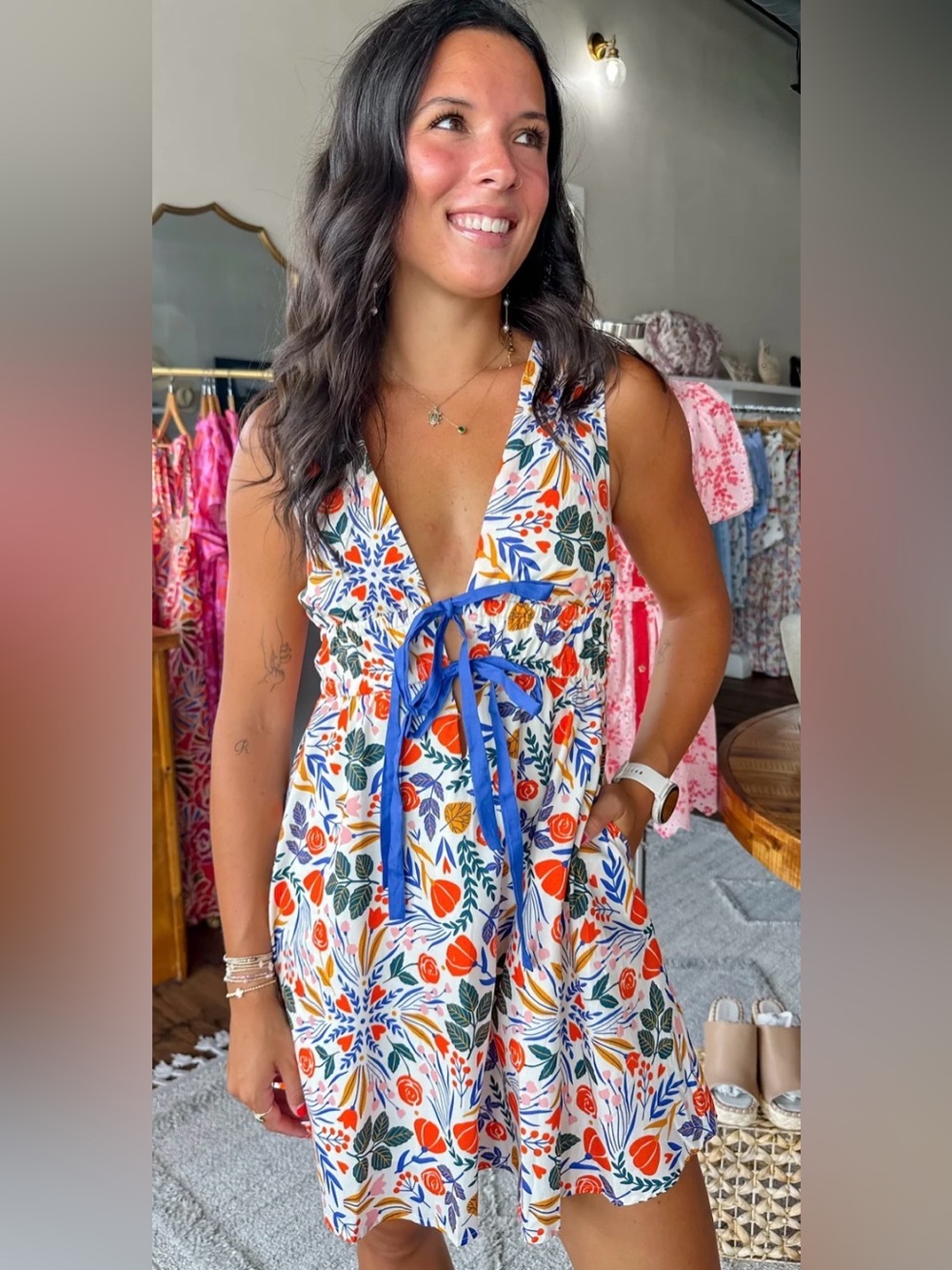 ELLE Sleeveless Botanic Burst Mini Tie Up Bow Dress